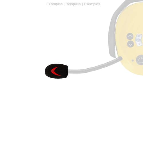 PROTOS® microphone protector, black foam with red logo on a gray microphone boom of a yellow device