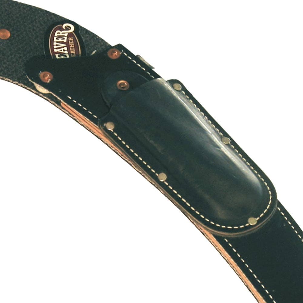 Close-up of black leather Scabbard Curved S sheath with white stitching, metal rivets and maker's label "WEAVER"