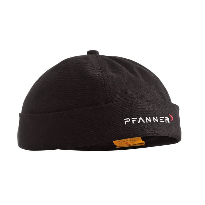 Meta Cap by Pfanner, black cap with rolled up edge and white inscription "PFANNER" on the front.