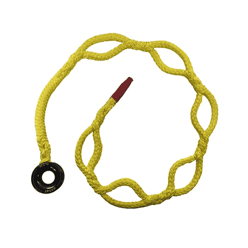 Kokoan Knot Loop 9 yellow loop with several loops and black plastic ring, photographed from above