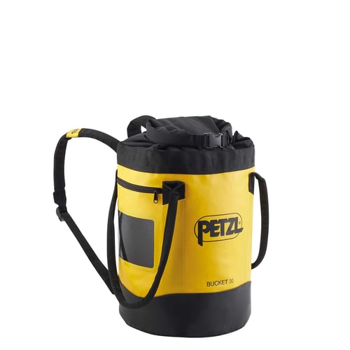 Yellow and black PETZL Bucket 30 container with carrying straps and zipper pocket, front view