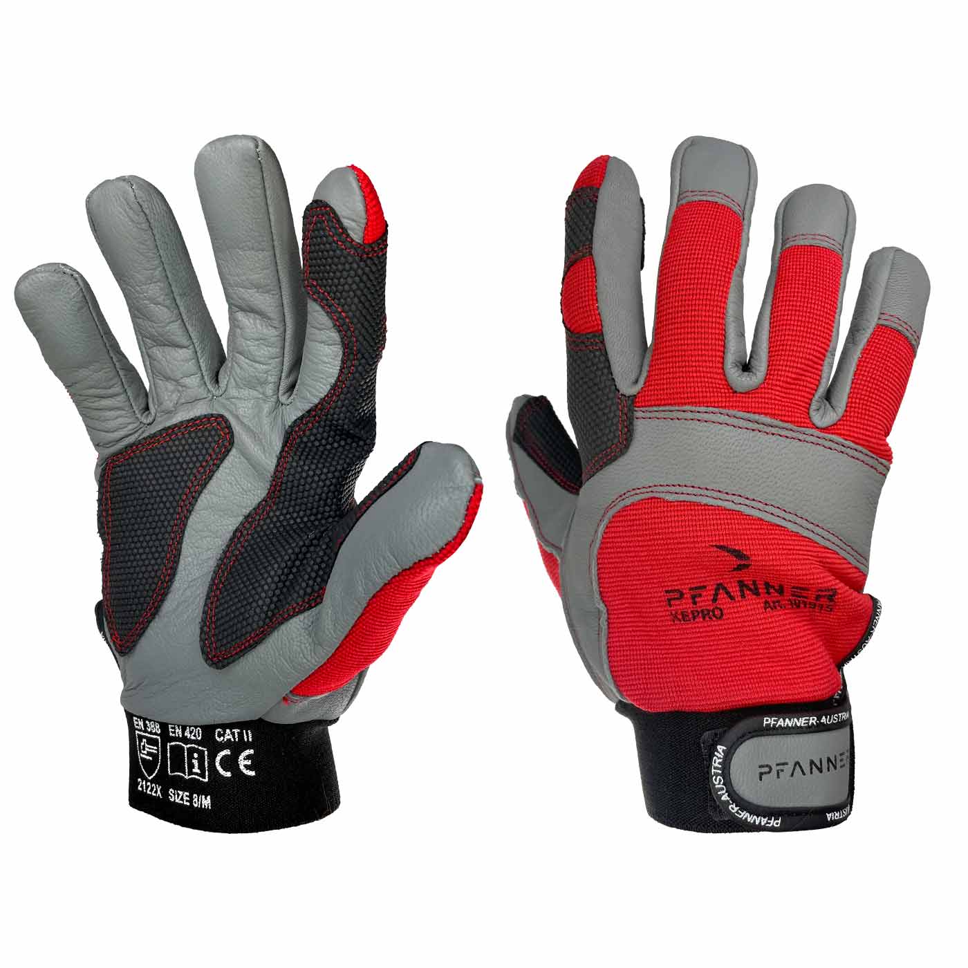 StretchFlex® Kepro work gloves in grey, red and black with black cuffs and Velcro fastener, manufacturer Pfanner, visible front and back