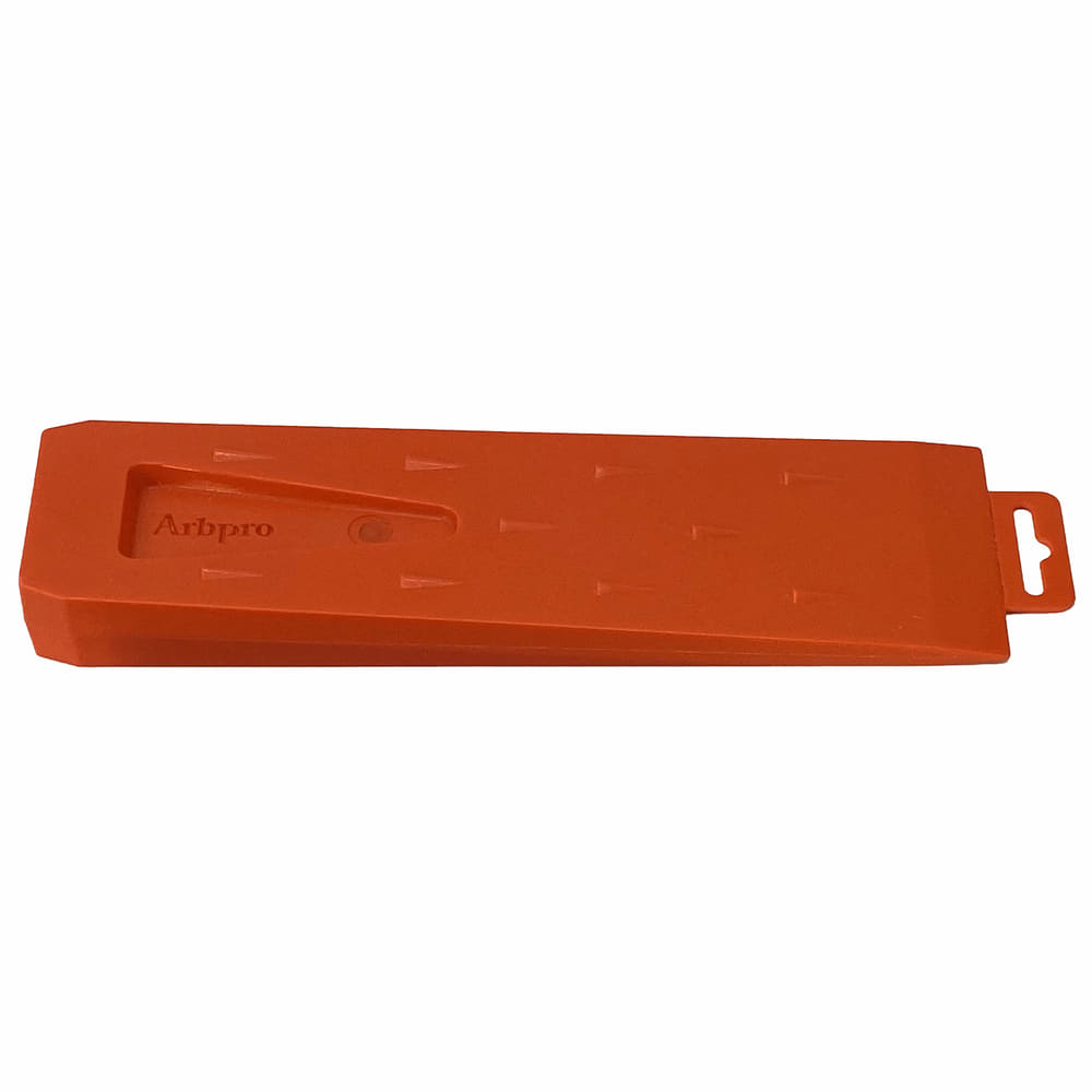 ArbPro Felling Wedge 300 in orange, lying flat with embossed lettering "Arbpro" and a hanging strap at the end