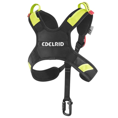 Vector Chest X, black and yellow shoulder strap with snap hook and the manufacturer's name Edelrid visible on the back