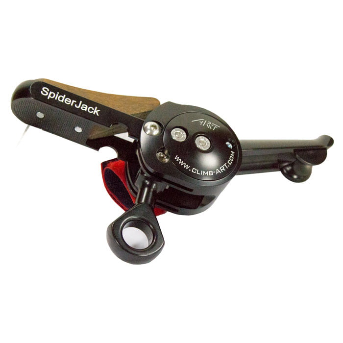 SpiderJack 2.1 Basic by ART, black mechanical device with wooden handle, red Velcro strap and inscription SpiderJack