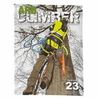 Arb Climber No. 23 magazine with a climber in yellow protective clothing on a tree trunk, chainsaw on the side, title in large letters at the top and issue number 23 at the bottom right