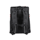 Back view of the black backpack Baby Mule, manufacturer not visible, with padded shoulder straps and chest strap
