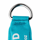 Detail of the metal ring and the blue fabric tab of the Edelrid Apollo weight