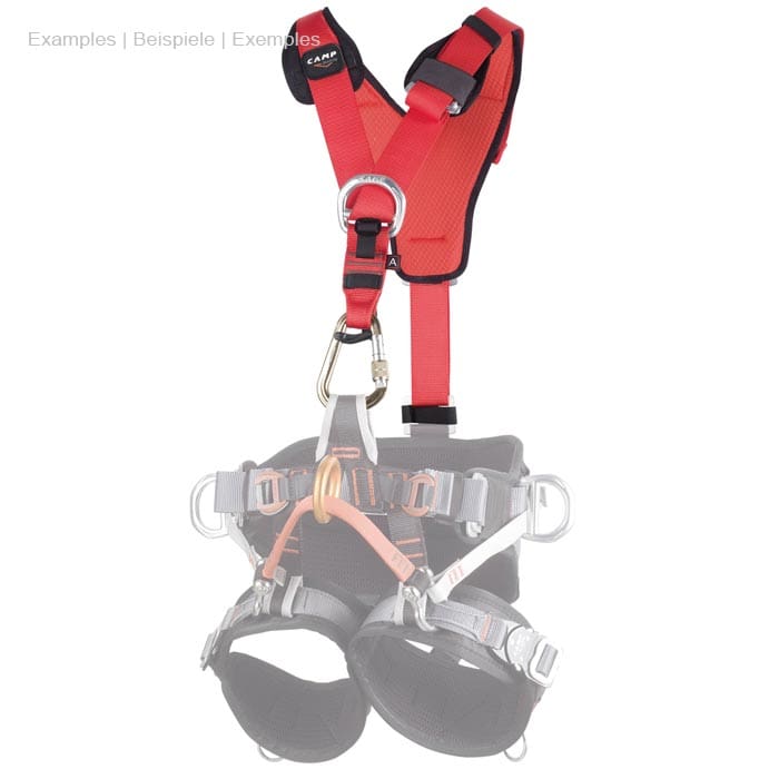 Red GT Chest shoulder strap with black padding, silver carabiner and grey climbing harness from Camp