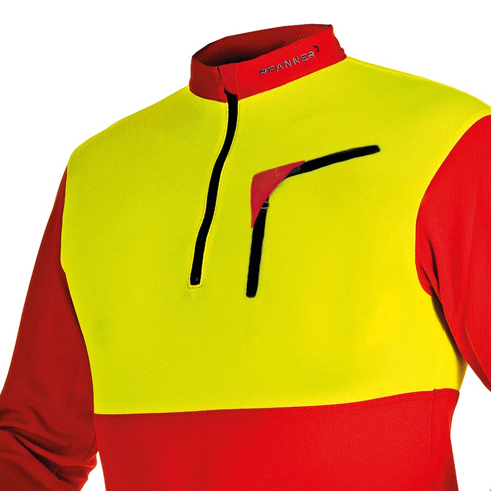 Zip-neck shirt by Pfanner in red and yellow with long sleeves, short zipper and chest pocket with zipper