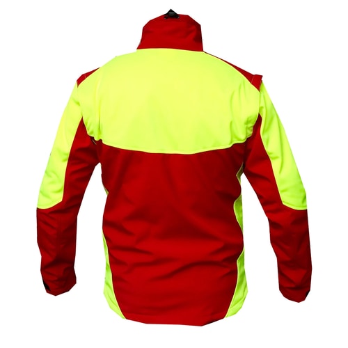 Aigoual R jacket in red and yellow from the back with high collar and long sleeves