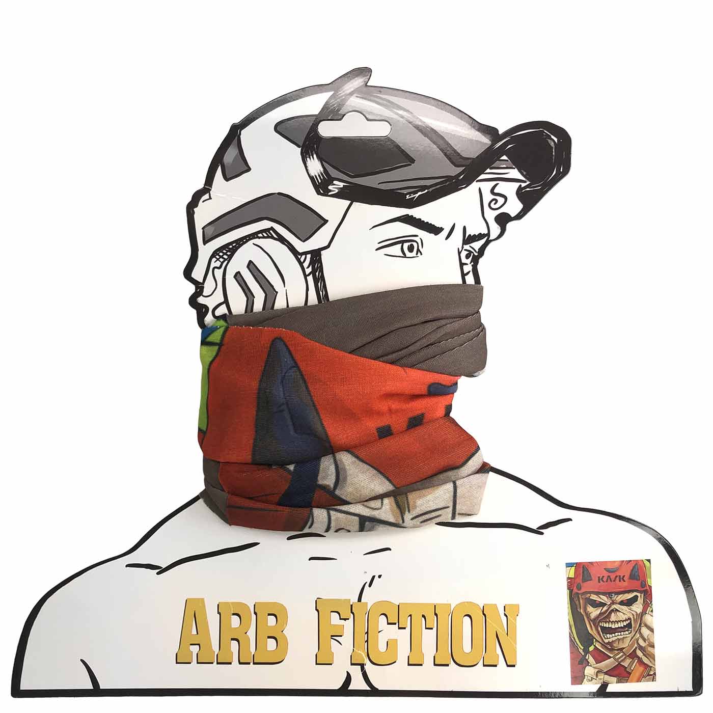 Eddie bandana with red helmet motif, attached to a cardboard figure with ARB FICTION lettering