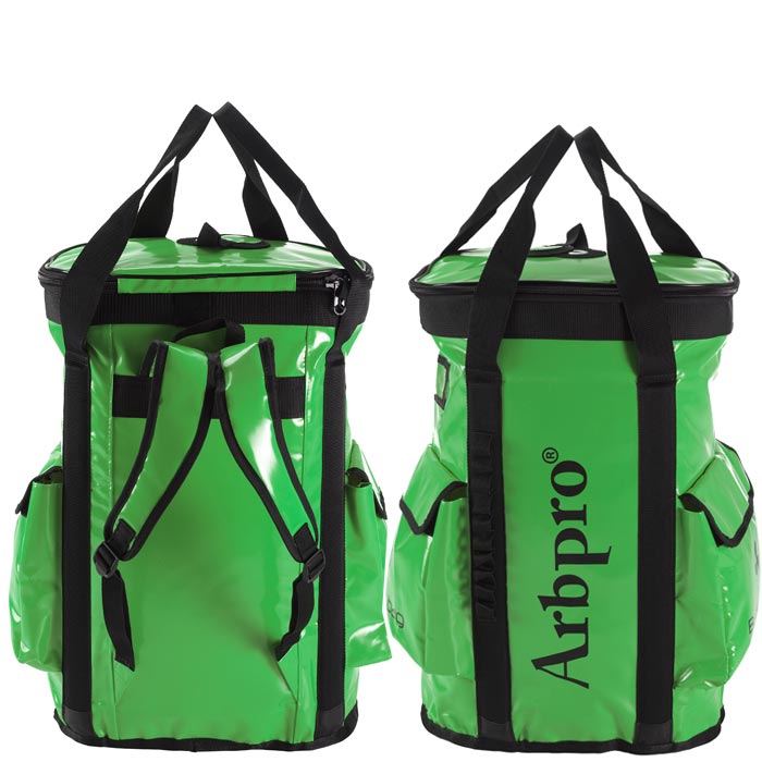 Bucket Backpack 75 by Arbpro in green with black trim, two shoulder straps, top handles and two outside pockets