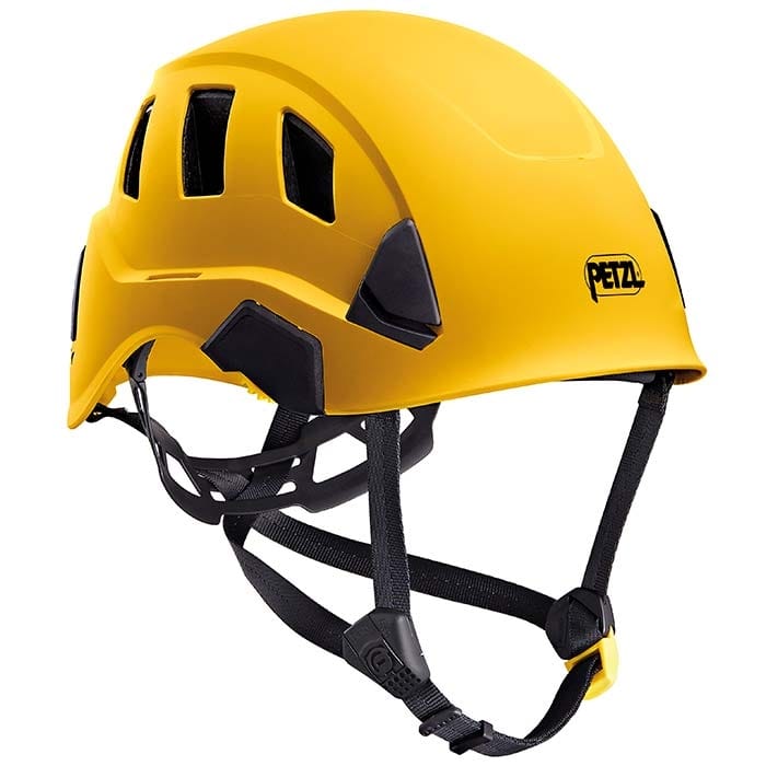 Yellow PETZL Strato Vent helmet with black chin strap and vents