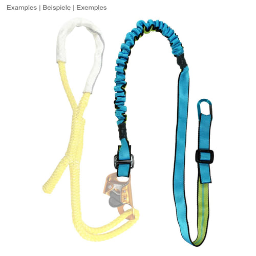 Bungee tool in blue with elastic, wavy section and flat webbing with black trim and green inner stripe next to yellow rope with white protective cover