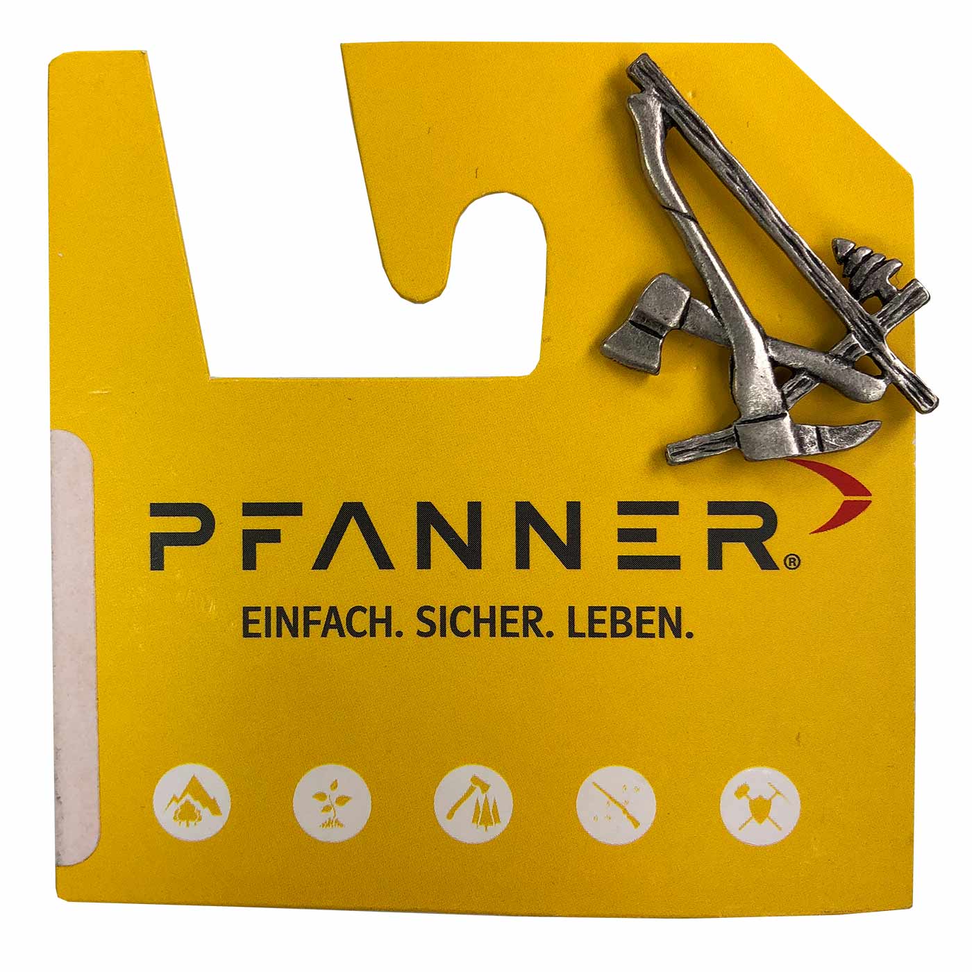 Wooden pin with two axes and a tree, silver-coloured with black patina without gold-coloured details on yellow Pfanner card holder with black lettering