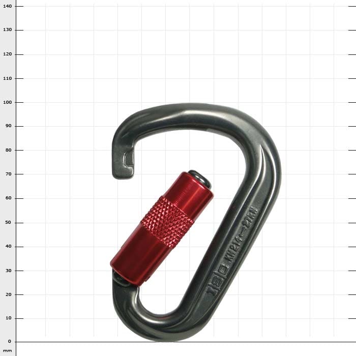 Mighty-Mouse snap hook open with red screw cap and silver metal body, manufacturer not visible