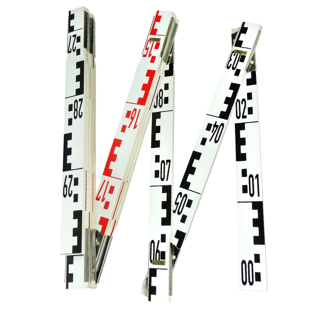 Geometer scale with white segments, black-red and black markers and numbers, folded