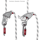 Two climbing frames Wizard Pro from CAMP with white ropes and red carabiners attached to the equipment, example application