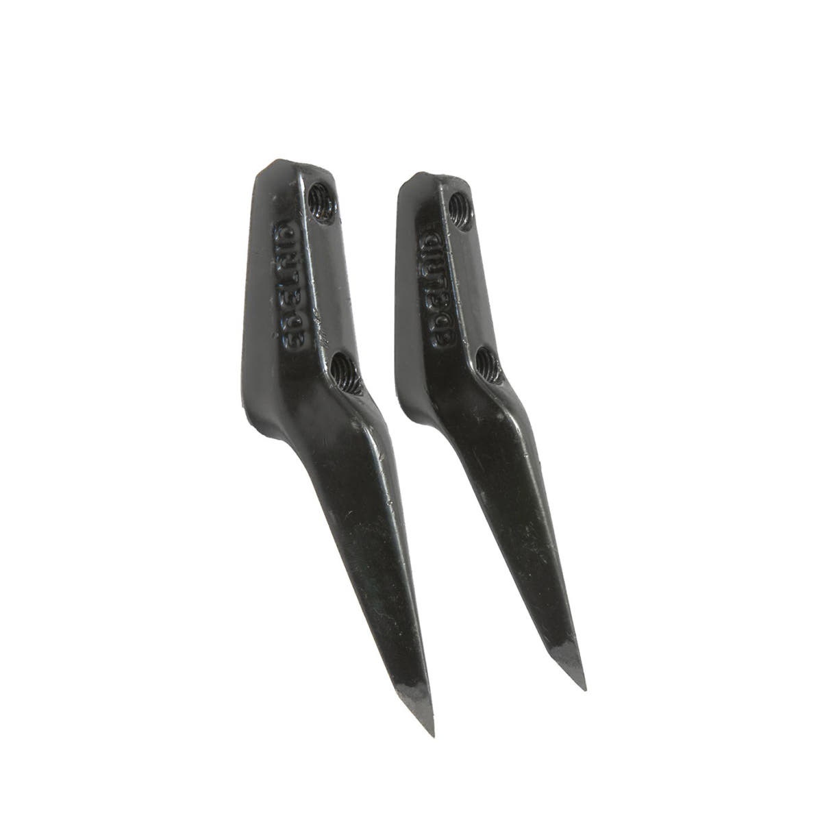 Two black Talon spikes L made of metal with a tapered end and two screw holes.
