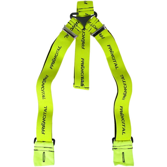 Button suspenders in neon yellow with black inscription "FRANCIITAL", adjustable metal clips and black stitching