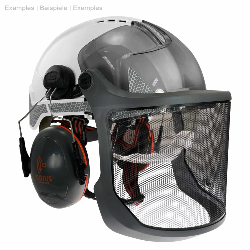 Evoguard M3 Forestry Visor with grey frame and black mesh fabric on a white helmet with headphones