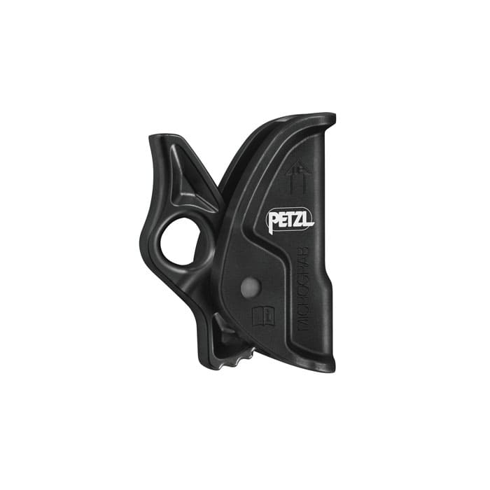 Micrograb by Petzl, black climbing device with round handle and arrow pointing up against a white background
