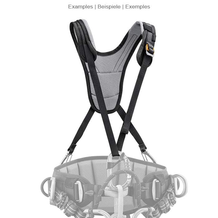 Bretelle with padded grey fabric and black adjustable straps, two metal carabiners at the ends, attached to a climbing harness with several carabiners and loops