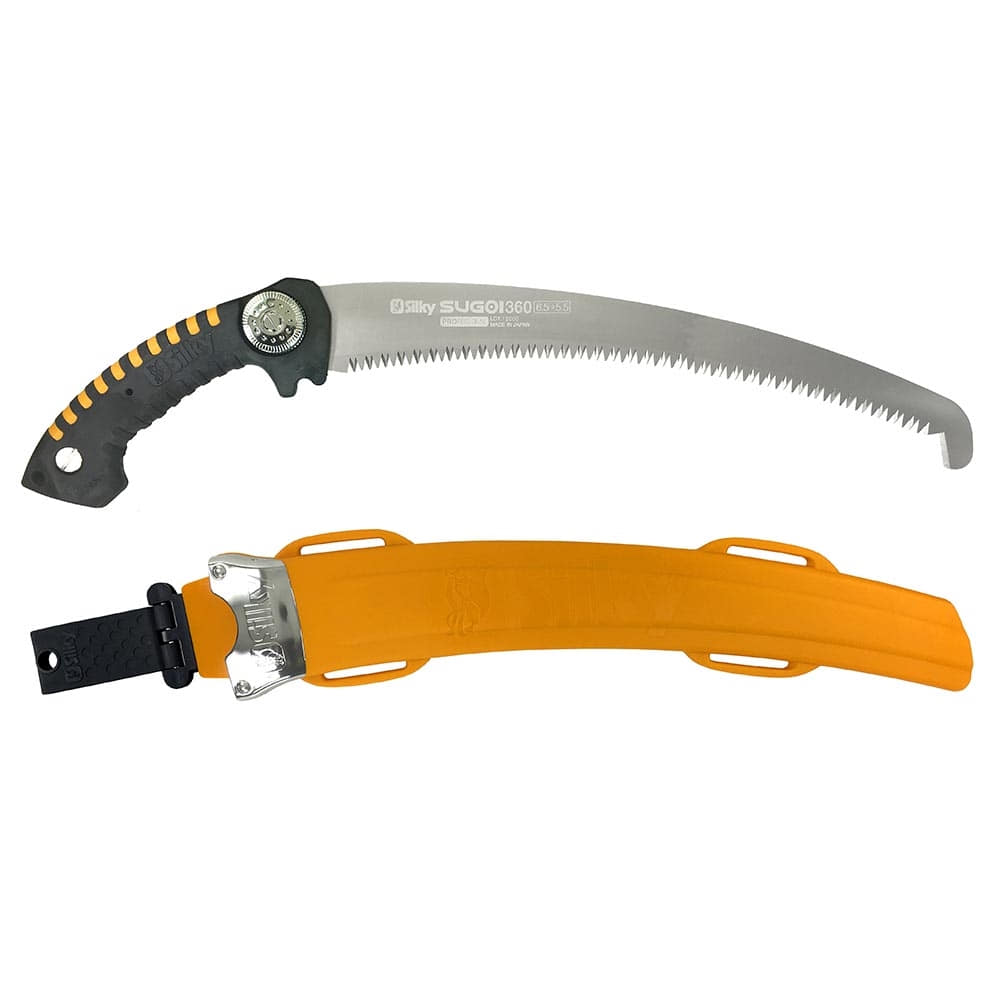 Silky Sugoi 360-6.5-5.5 hand saw with curved saw blade and black handle with yellow accents, plus an orange protective cover with black clip