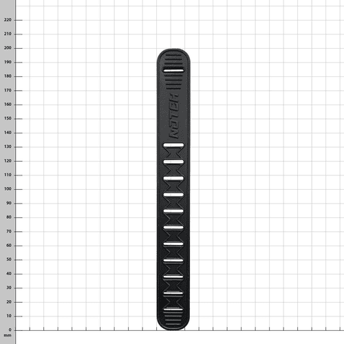 A black Talon rubber strap made of rubber with cut-outs and the lettering "NOTCH" lying on a white grid with millimetre indications