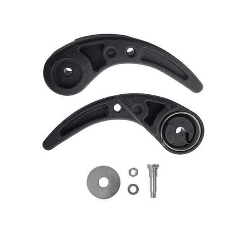 LOV release lever, two black curved plastic levers and four metal parts, including a washer, a nut, a small washer and a screw