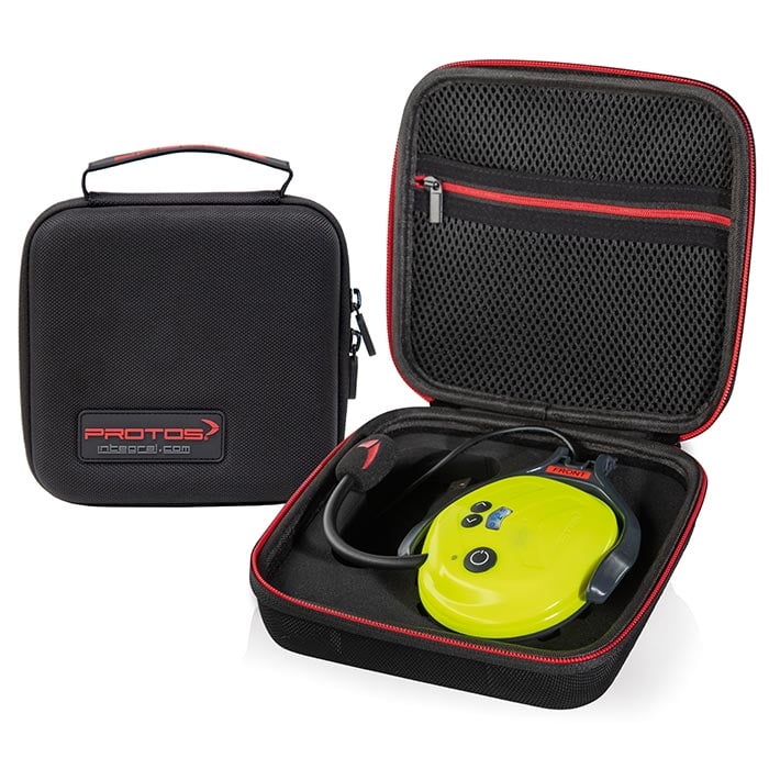 PROTOS® BT-COM communication system, yellow communication device in black transport box with red zipper and PROTOS logo