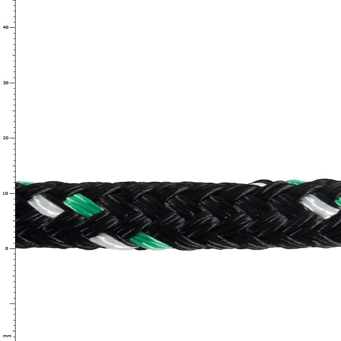 GEFA 2T PES green, close-up of a black braided rope with green and white threads
