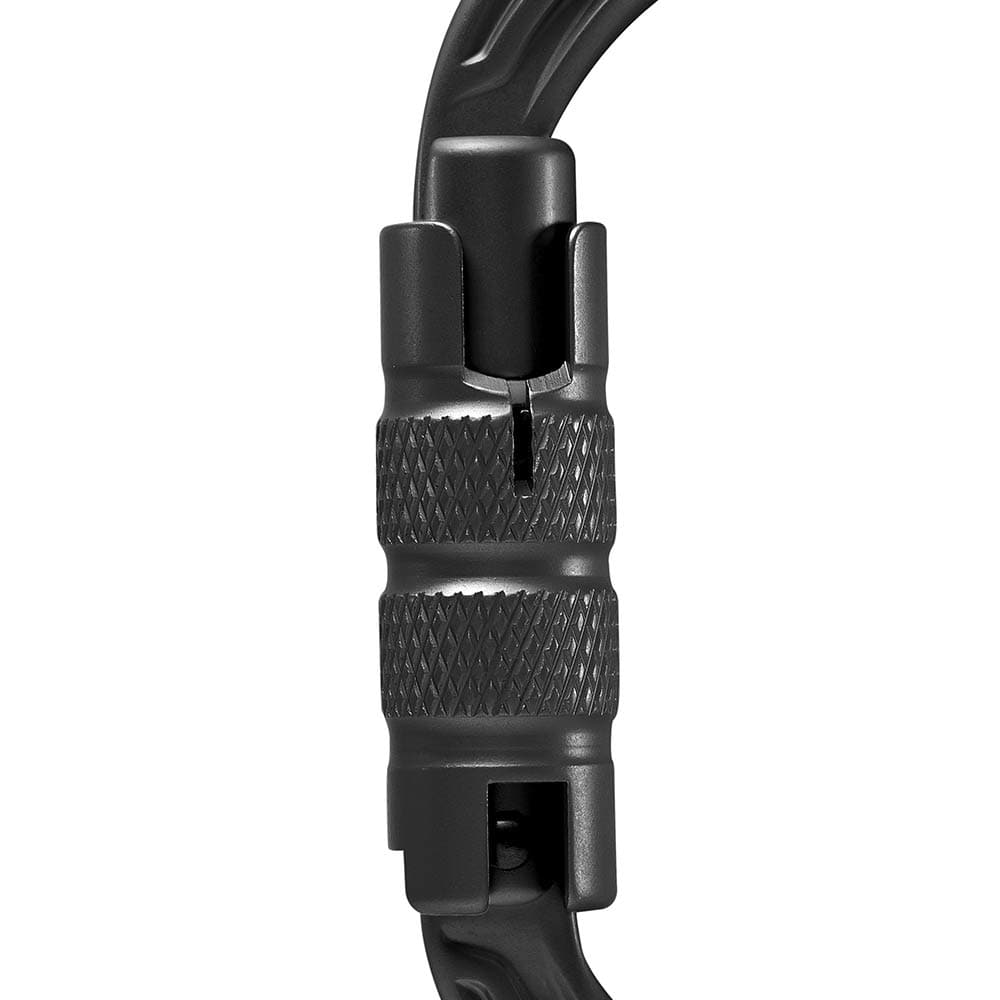 Close-up of the black screw cap of the Oval Power 2500 Triple Carabiner with ribbed surface for better grip