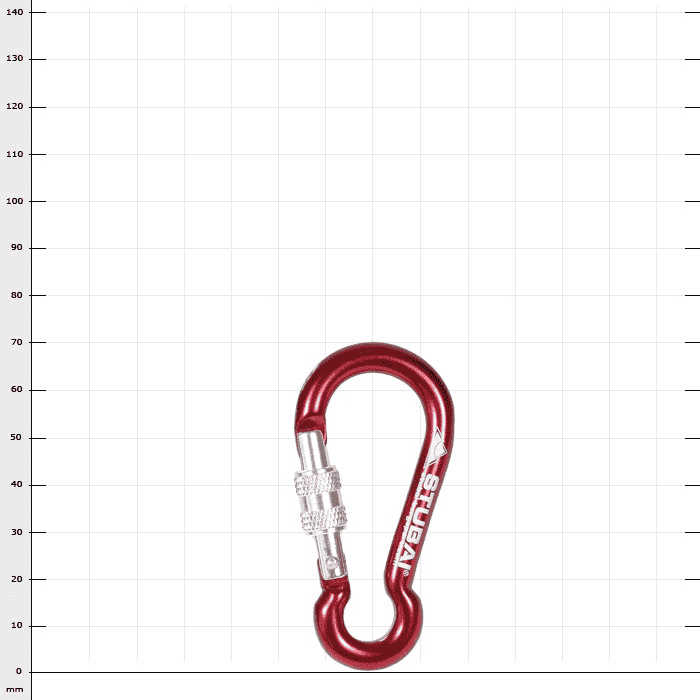 Red snap hook with silver screw cap and white inscription "SLUBAN", product name Dwarf EL
