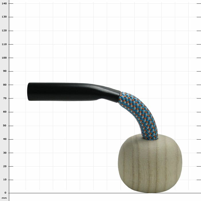 LockJack release handle with round light brown wooden handle, blue-orange braided rope and black plastic handle end from the back