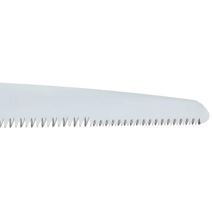 Close-up of the toothed blade of the Gomtaro Pro Sentei 300-8-14 hand saw with fine teeth and rounded end
