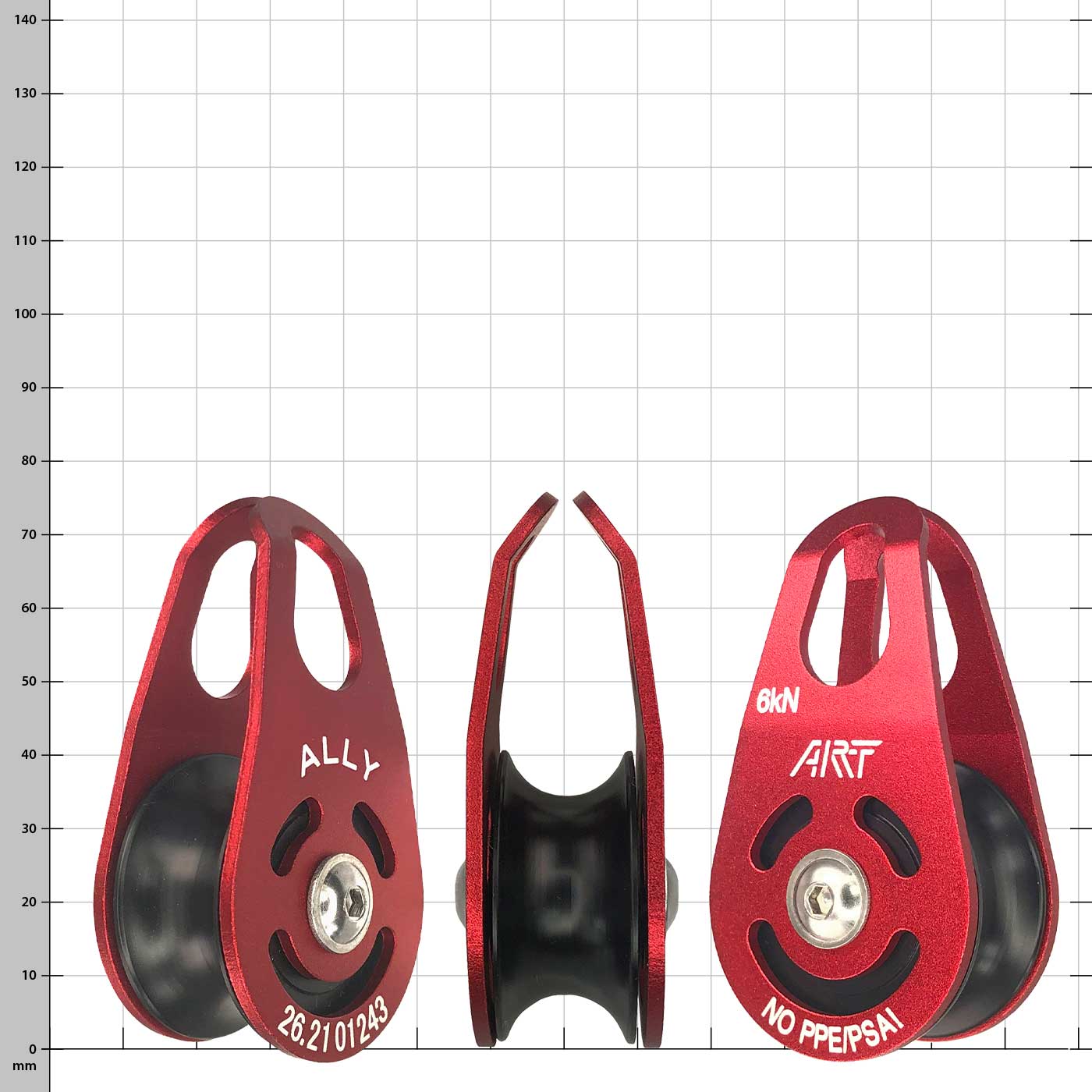 Three red pulleys with the inscription "ALLY", "6kN", "ART" and "NO PPEPSAI", visible from the front, side and back