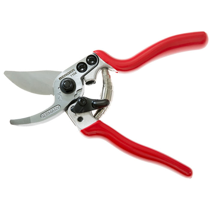 Berger 1104 Pruning shears with red handles, open, with visible BERGER 1104 and GERMANY lettering on the blade