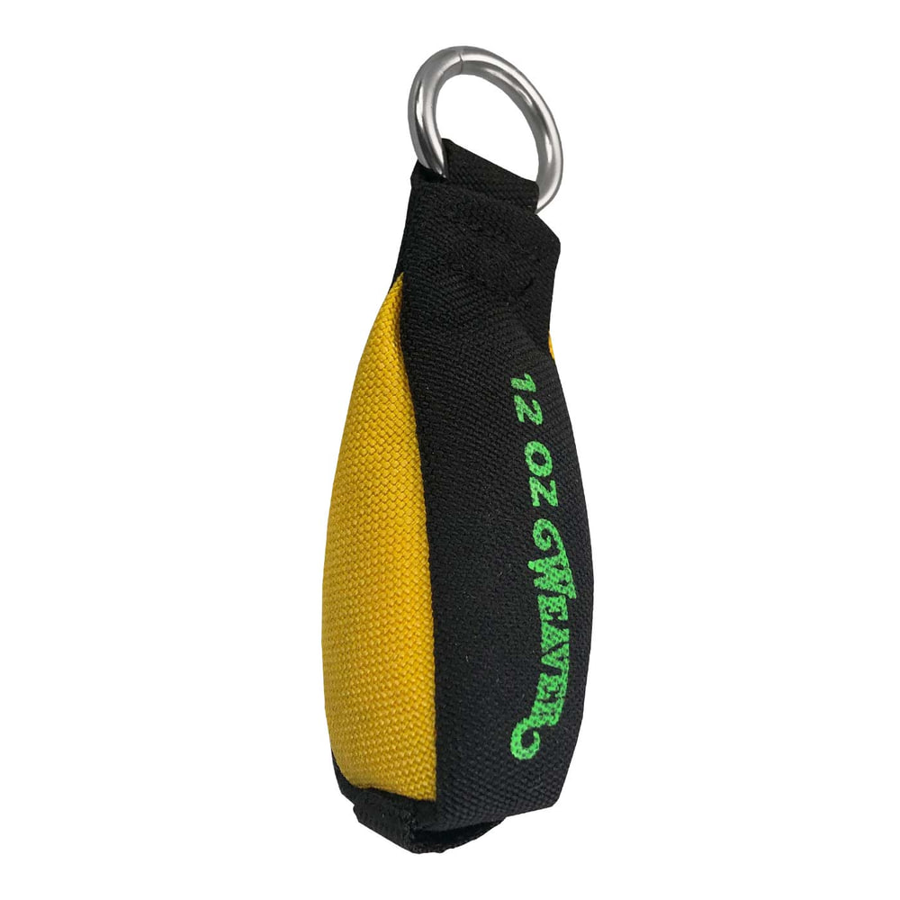 Bullet, weight 12 OZ, black and yellow with green text and metal ring on top, side view