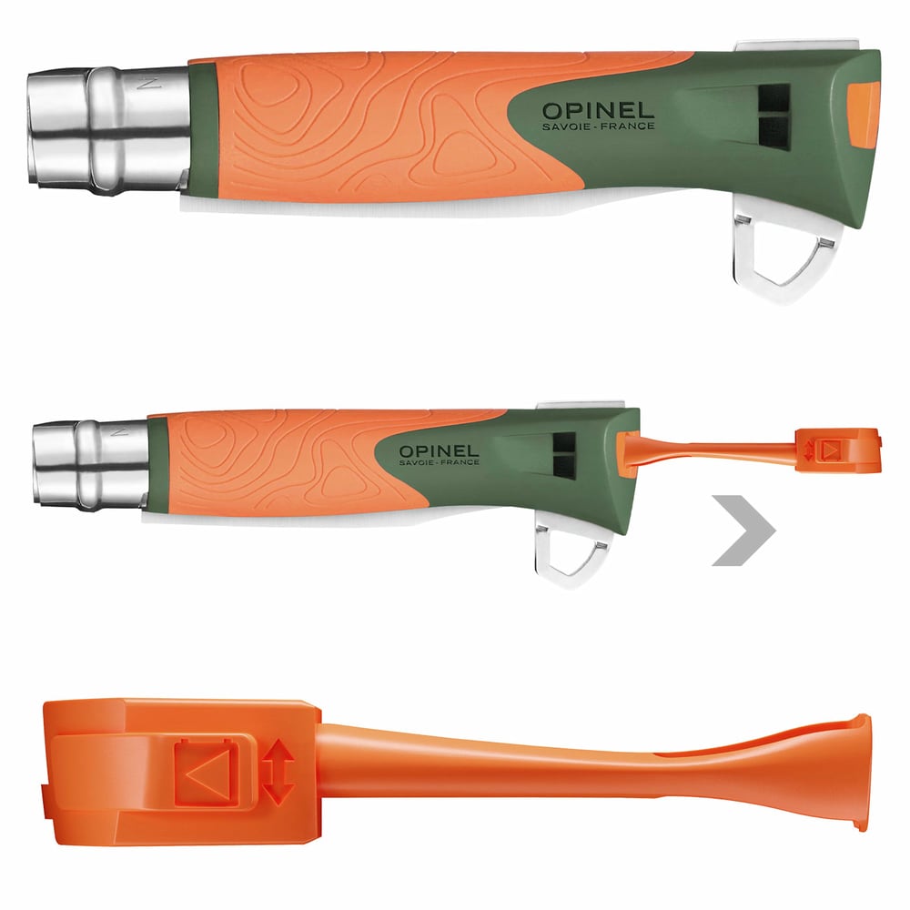 Two Opinel N°12 Explore knives side by side, orange and green handles with pattern, one knife extended with orange tool, manufacturer Opinel
