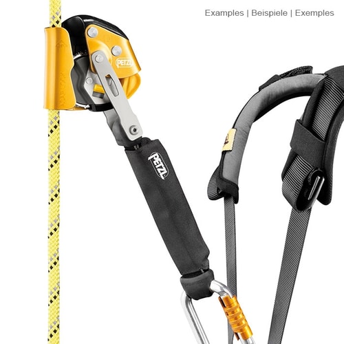 ASAP Lock by Petzl, mounted on a yellow and black rope and connected to a carabiner and a black safety strap