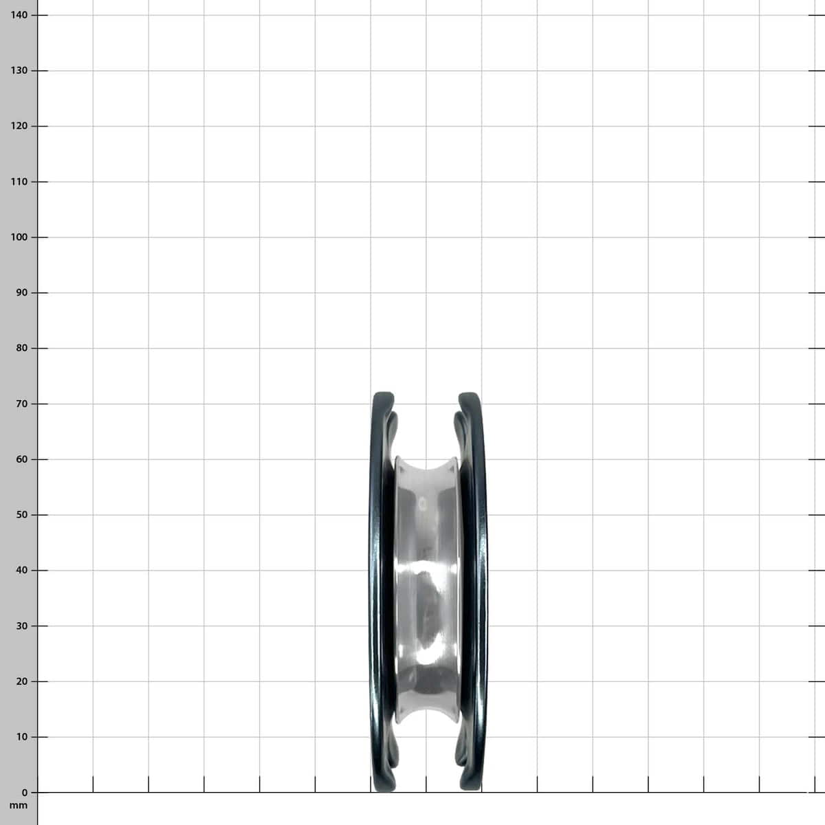 PulleyOne Pro black sheave with print and central recess, front view against white background with grid
