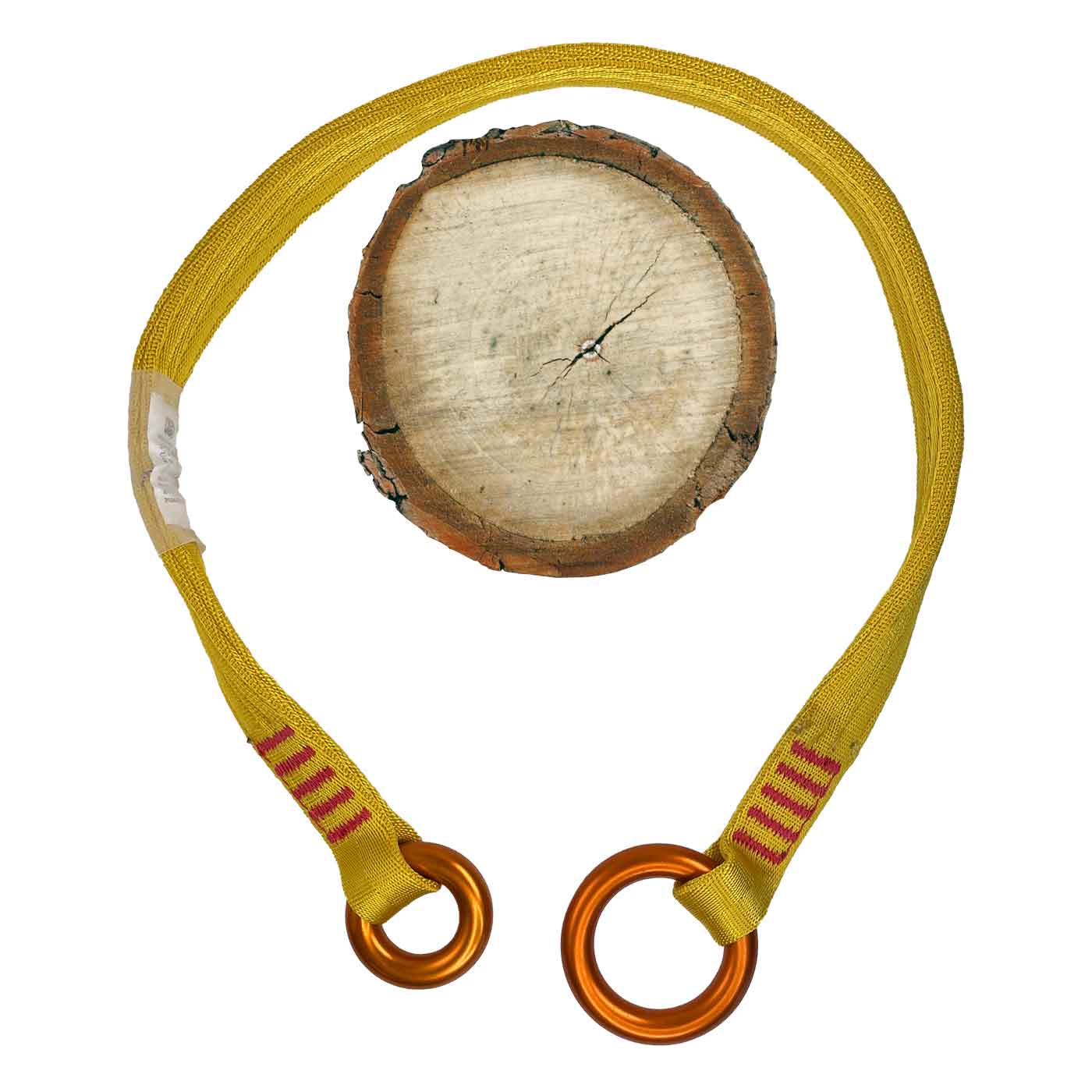 Tree Fork 90, yellow loop with two orange metal rings and a piece of wooden disc in the middle