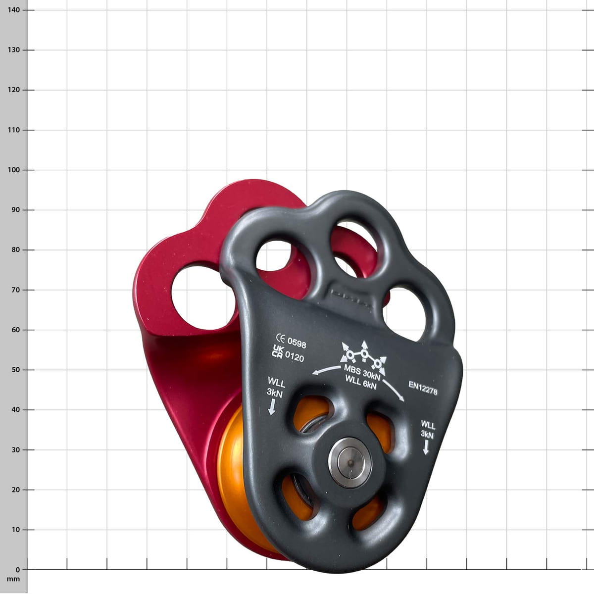 Two Hitch Climber 2 pulleys, one with black and one with red housing, both with orange pulley, against a white background with grid lines