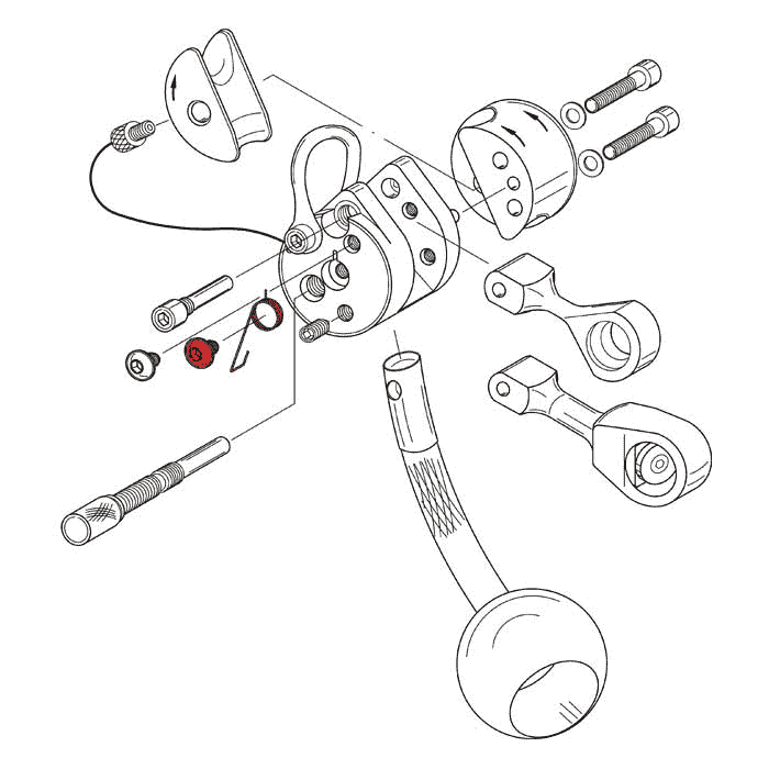 Technical drawing of an exploded view of a mechanism with several screws, levers and a red part showing the LockJack spring.
