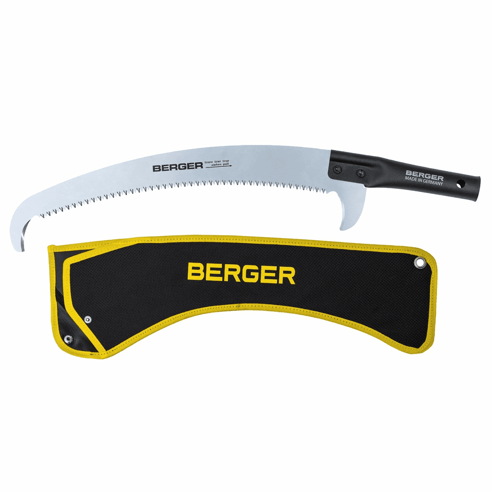 ArboRapid Kopf 400 by BERGER, a curved saw with a black handle and silver blade, plus a black and yellow protective cover with BERGER lettering