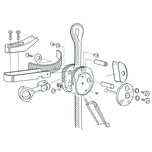 SpiderJack 2.1 Basic by ART, technical drawing in black and white, exploded view of the individual parts and assembly on a rope