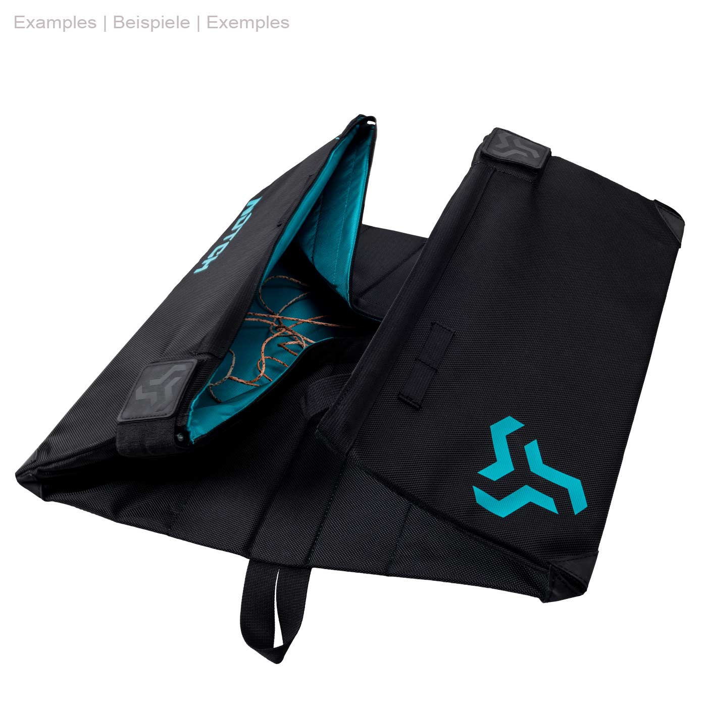 Throwline Pop Box by Notch, Black Box with Light Blue Lettering, Half Open and Lying Flat, Shows Interior with Red Rope