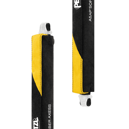 Close-up of the ASAP Sorber Axess by Petzl, showing the yellow and black fabric parts and white end caps